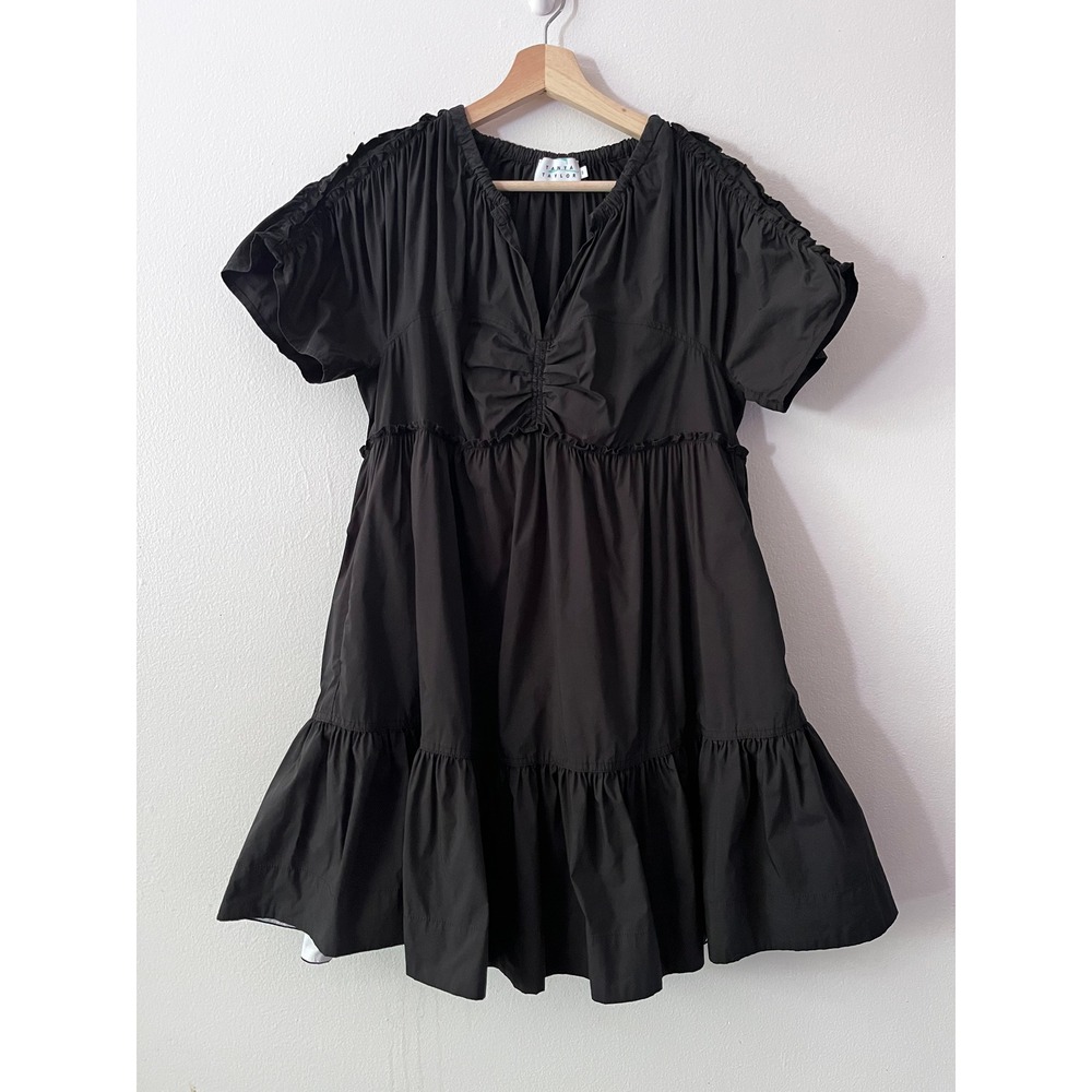 Tanya Taylor Amaria Ruffle Poplin A-Line Mini Dress in Black size small